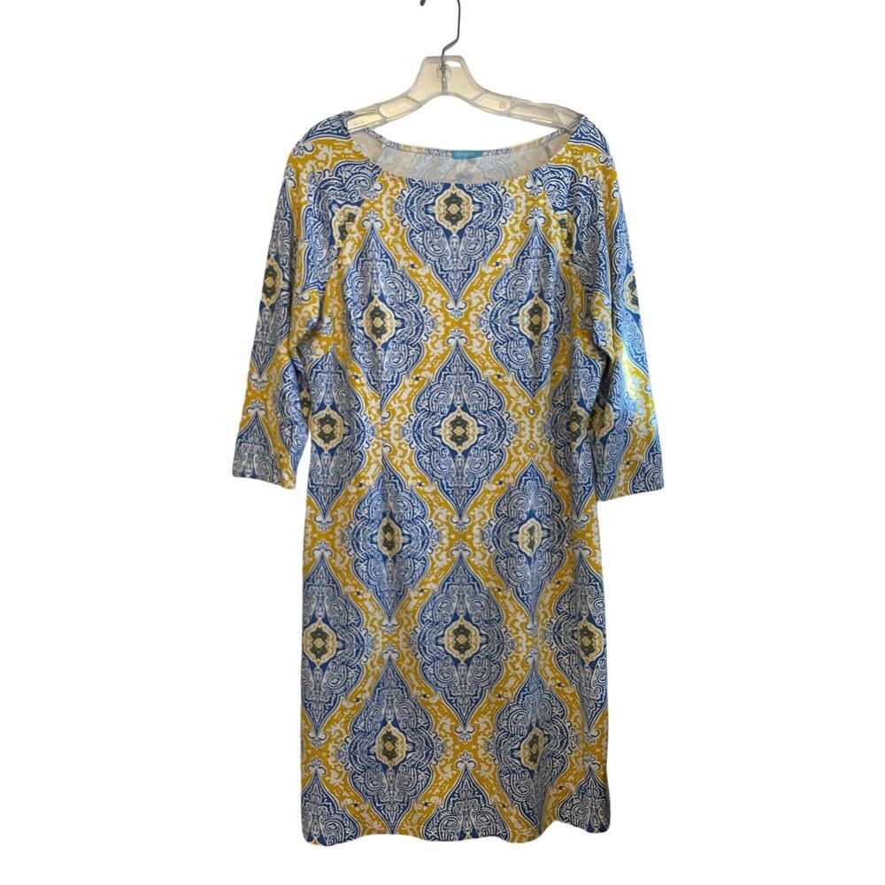 J. McLaughlin Mari Damask Catalina Cloth Sheath Dress Size Large‎ Blue Yellow